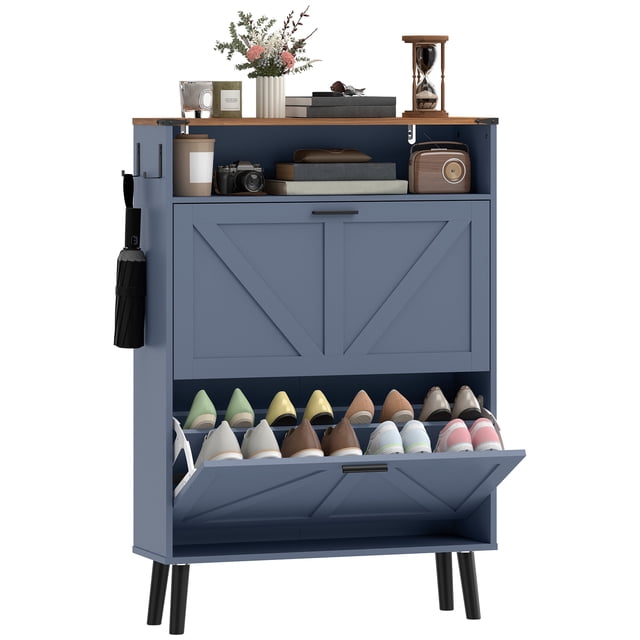 HOMCOM Armoire de Rangement pour Chaussures avec 2 Tiroirs Basculants, Armoire à Chaussures Étroite, Bleu