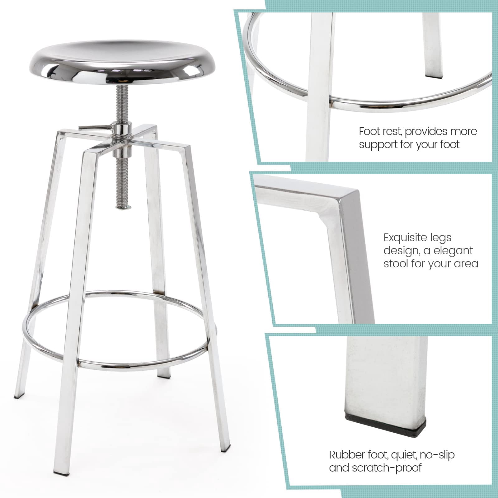 Modern Metal Bar Stools Set of 2, Backless Round Counter Height Swivel Bar Stools for Kitchen Island Dining Pub Cafe (Chrome)