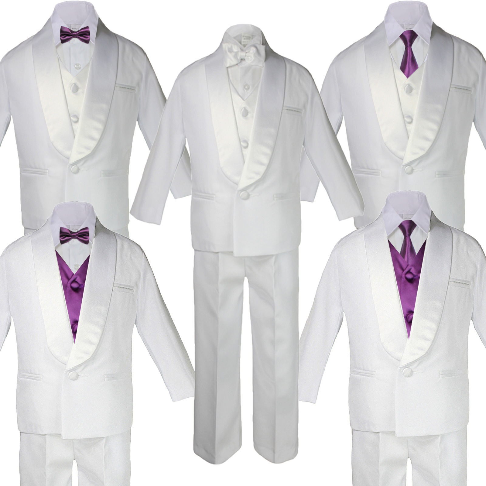 Unotux 6pc Boys Gray Vest Set Tuxedo Suits with Satin Eggplant Necktie Baby Teen