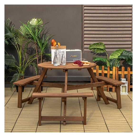 Round Picnic Table 6 Person, Wooden Outdoor Table with Umbrella Hole & 3 Benches - Backyard Patio Garden Furniture