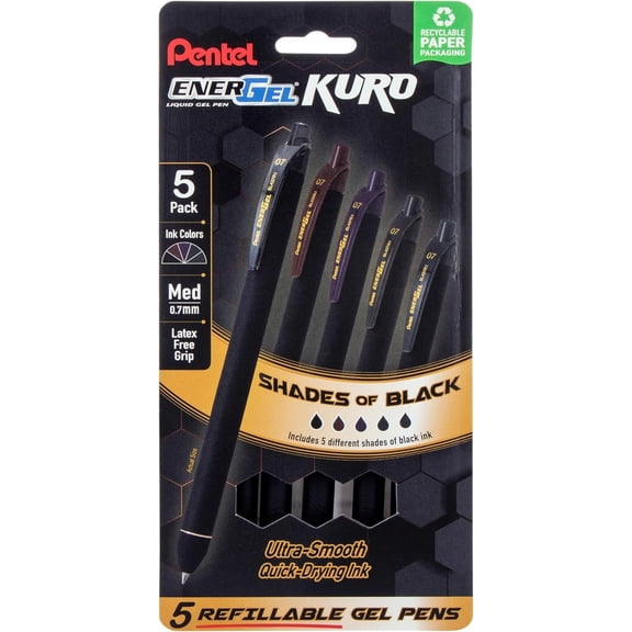 Pentel EnerGel Kuro Gel Pen, Shades of Black, 0.7mmtip, Assorted black ink, 5 pens