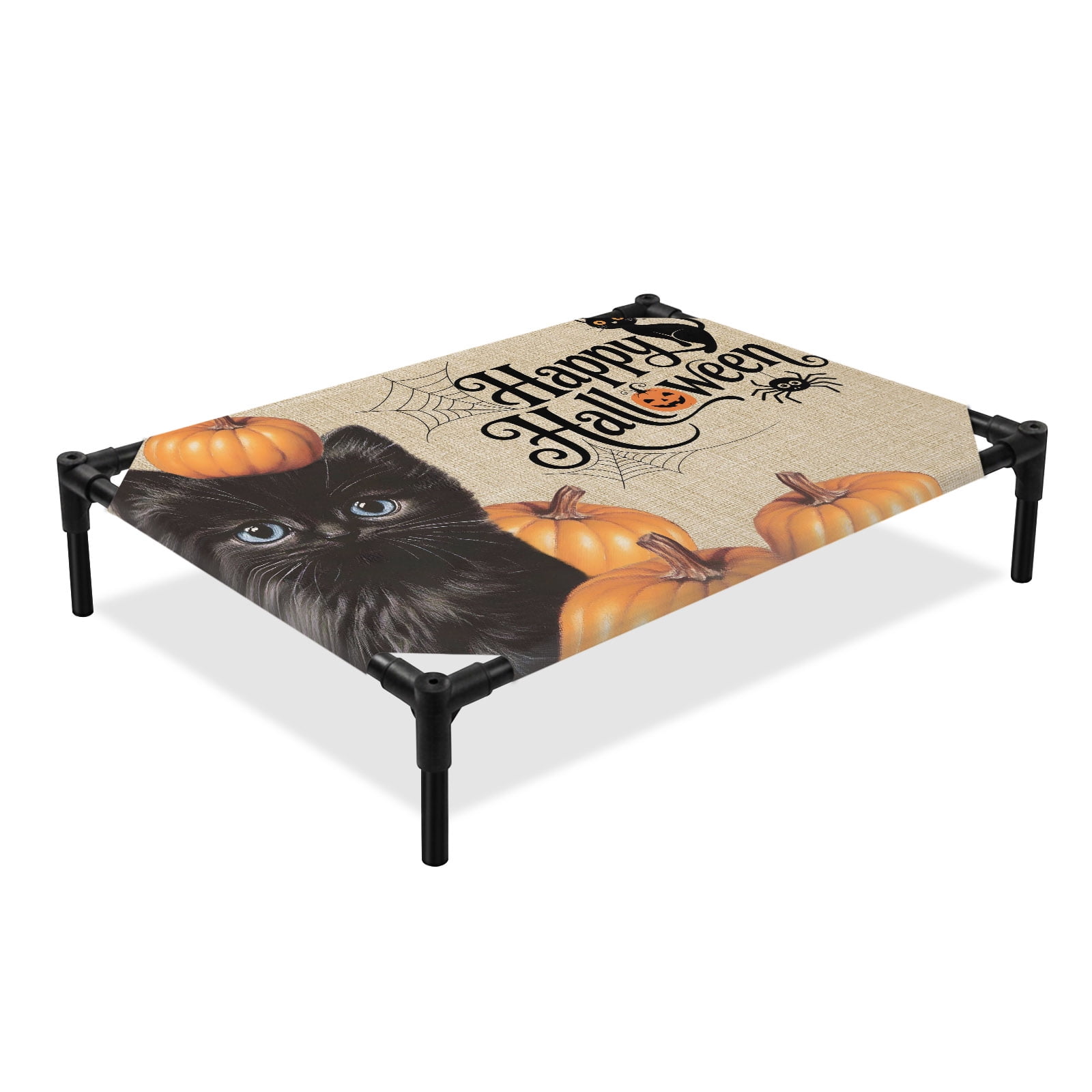 Happy Halloween Elevated Dog Bed Rustic Black Cat Pumpkin Spiders Web Linen Texture Cooling Breathable Outdoor Raised Dog Cot Bed with Metal Frame Non-Slip Feet for Medium Dog 24x20in