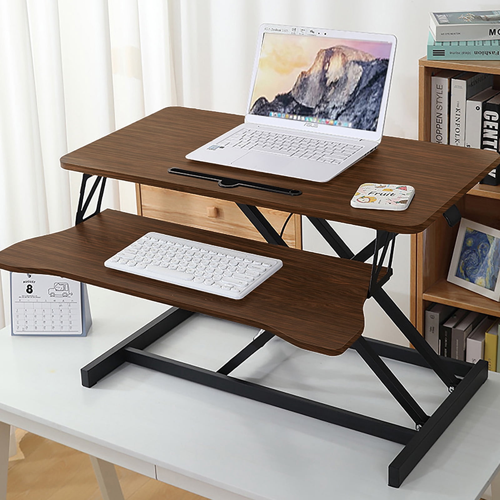 Height Adjustable 32 Inch Wide Stand Up Desk Converter, Laptop Sit Stand Desk Riser for Table Tops and Home Office with Keyboard Tray, Walnut