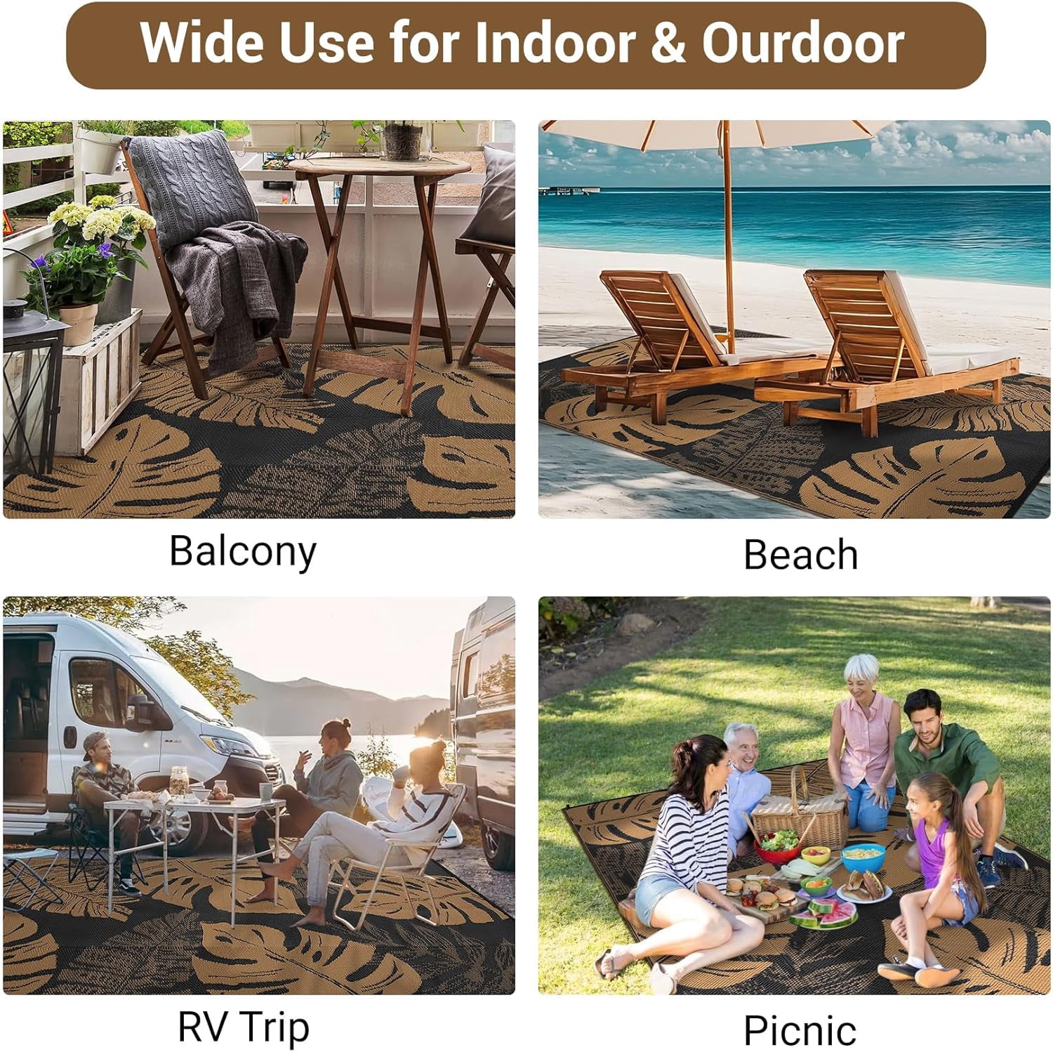 Funslane Outdoor Rug 8' x 10', Waterproof Plastic Straw Mat, Foldable & Reversible, Indoor Outdoor Rugs for Patio, Deck, RV, Beach, Picnic, Black/Brown