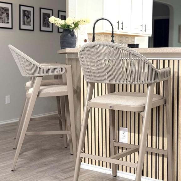 PURPLE LEAF Outdoor Bar Height Bar Stool Set of 2 Rattan Bar Chair with Back Aluminum Modern Barstools for Patio Backyard Indoor Kitchen Champagne
