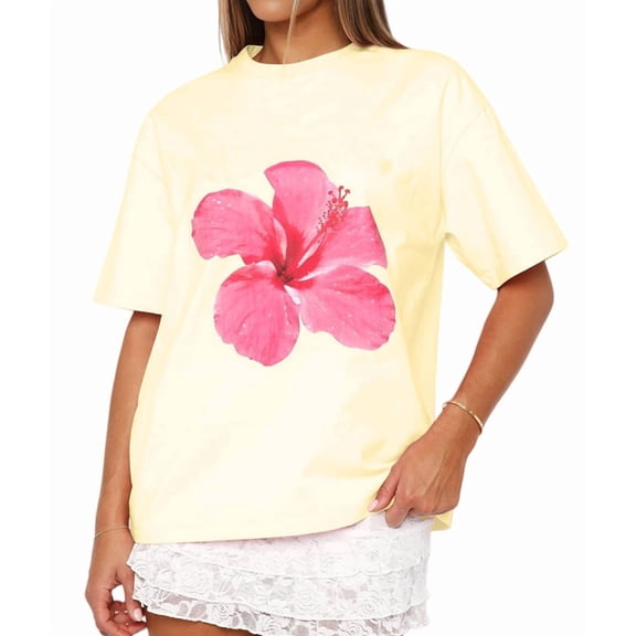 Women Oversized Graphic T Shirt Y2k Short Sleeve Crew Neck Drop Shoulder Loose Fit Tees Summer Preppy Aesthetic Yellow S