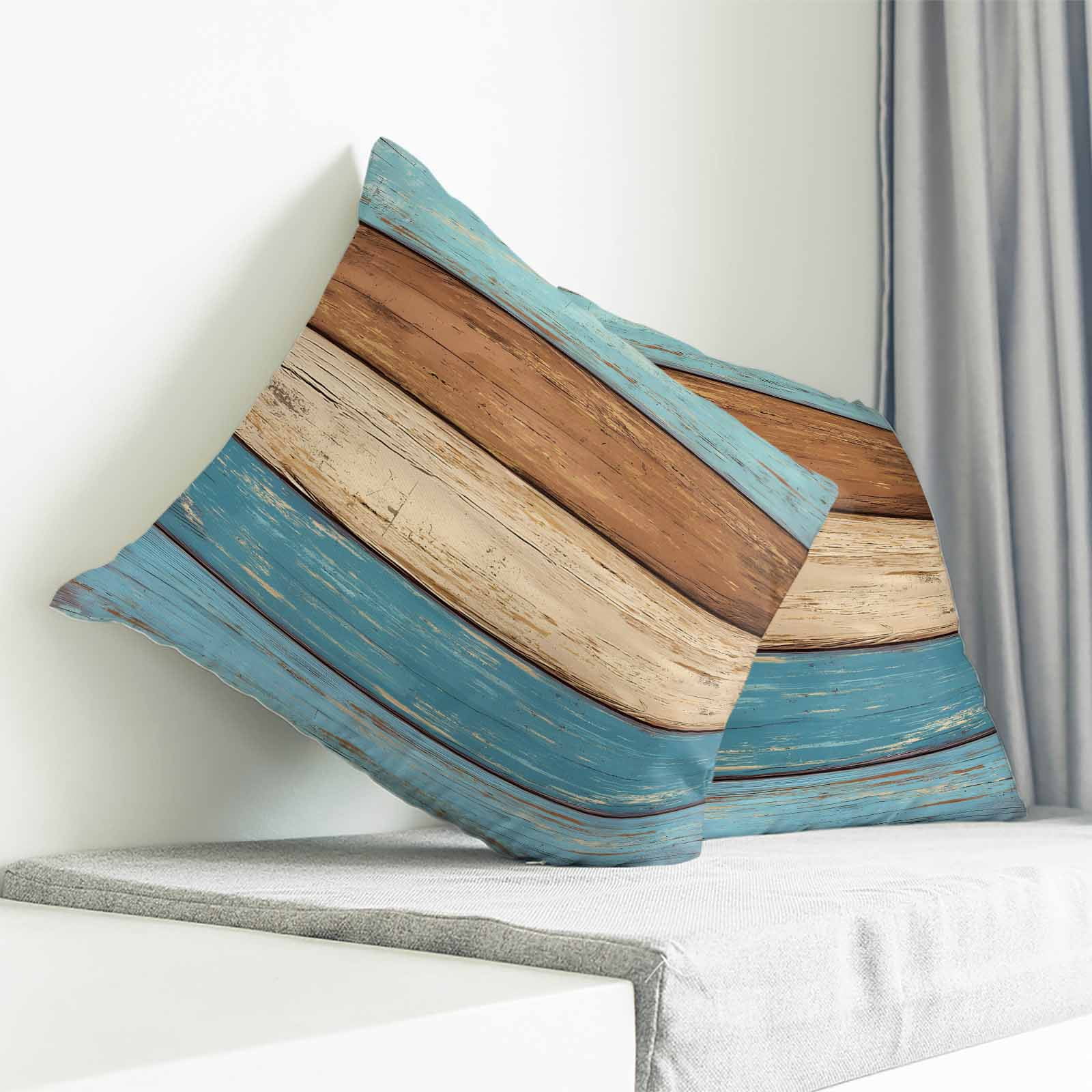 Farmhouse Light Blue Brown Pillow Covers 24x24 Inch Decorative Throw Pillow Cover, Vintage Wooden Striped Sofa Pillowcases Accent Cushion Case Home Decor Bedroom Living Room