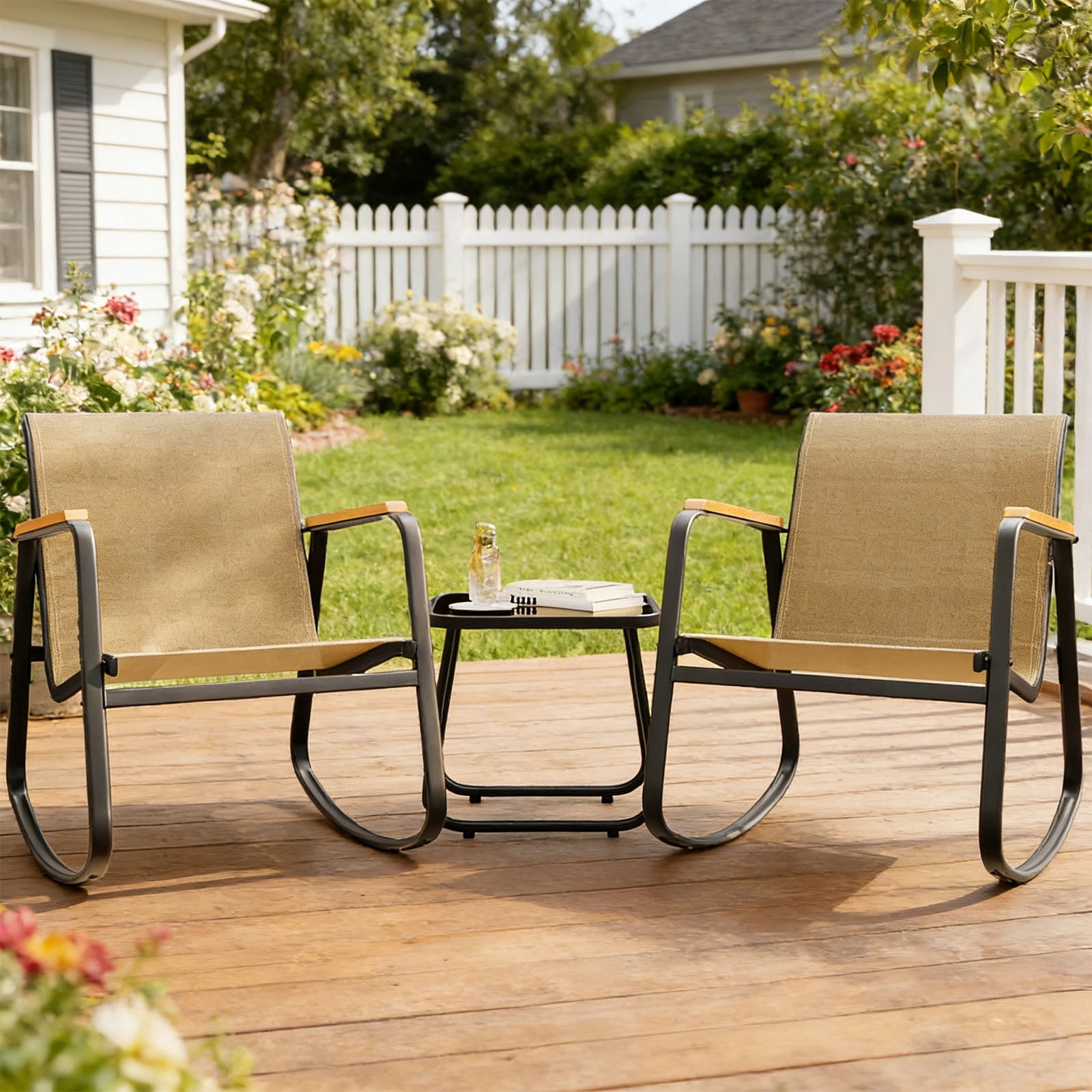 Casabay 3-Piece Outdoor Courtyard Furniture Set with Patio Chairs & Coffee Table, All Weather Outdoor Seating Breathable Fabric for Yard, Pool, Lawn, Brown