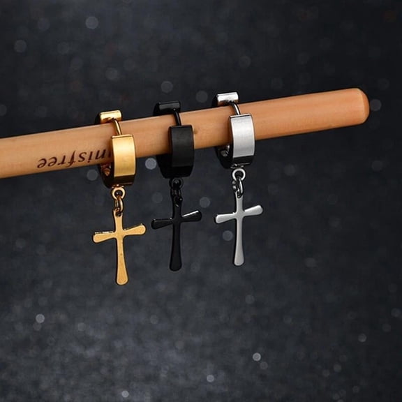 Stainless Steel Clip-On Earrings Dangle Hinged Piercing Cross Men'S Huggie E22