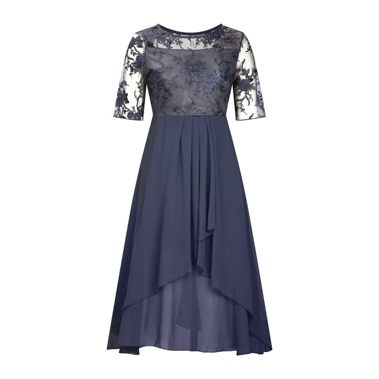 Bigersell Wedding Guest Dresses for Women Summer Round Neck Elbow-Length  Short Sleeve Midi Dress Formal Evening Floral Lace Cocktail Dresses Mesh