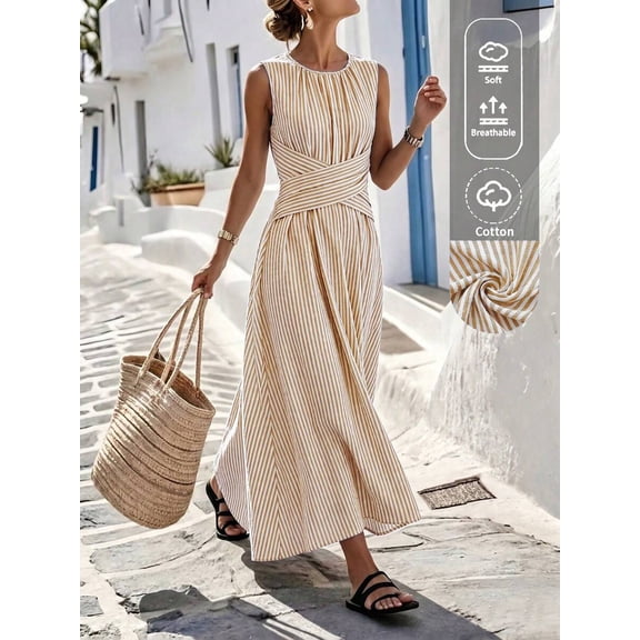 Womens Khaki And Cream Striped Sleeveless Dress, Round Neck Cinched Waist