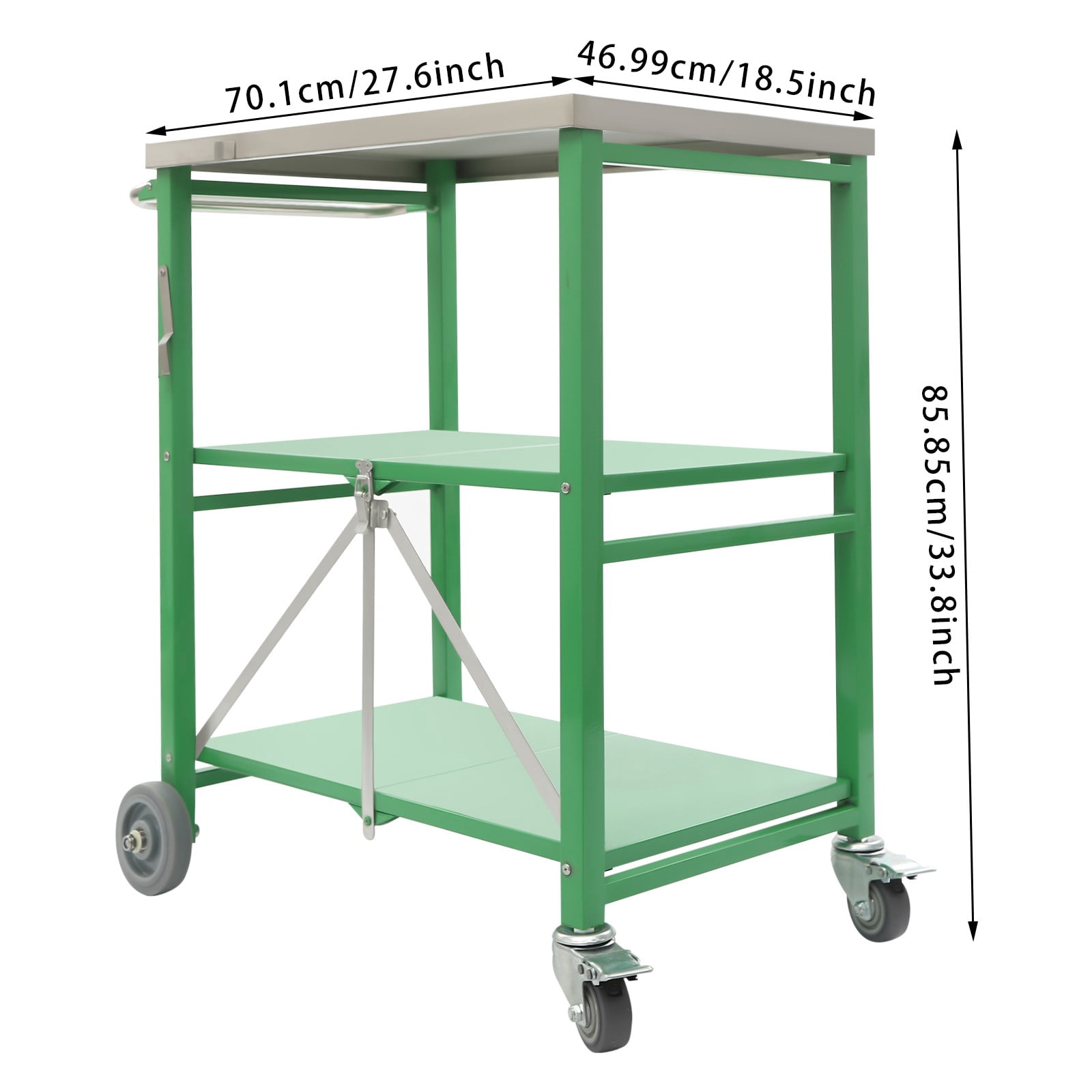 3 Tiers Grill Cart, Folding Outdoor Grill Cart 18.5"D X 27.6"W, Green Folding Hand Truck with Storage, Heavy Duty Utility Cart for Kitchen Camping