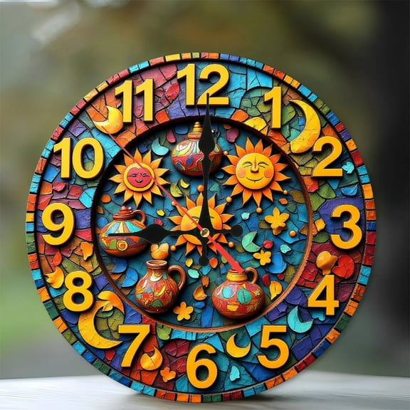 Colorful Mosaic Sun Wall Clock Home Decor 10-Inch Silent Wooden Wall Clock, Battery Operated (AA Batteries Not Included), Artistic Home Decor