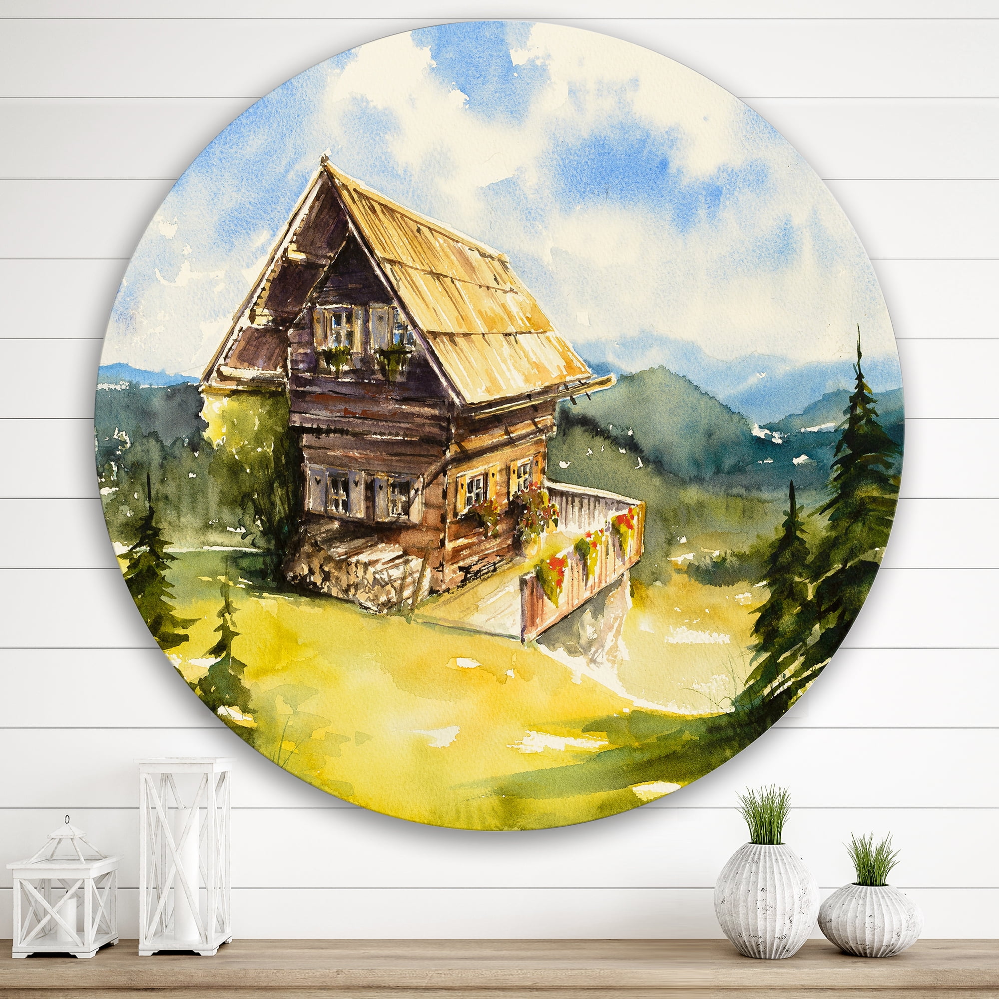 Designart 'Old Cottage At Summer With Peaceful Landscape' Traditional Circle Metal Wall Art 29x29 - Disc of 29