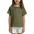 thumbnail image 4 of Girls Linen Cotton Top Batwing Sleeve Relaxed Fit Breathable Shirt Boat Neck Casual Play Outfit Army Green,Size 6-7T, 4 of 6