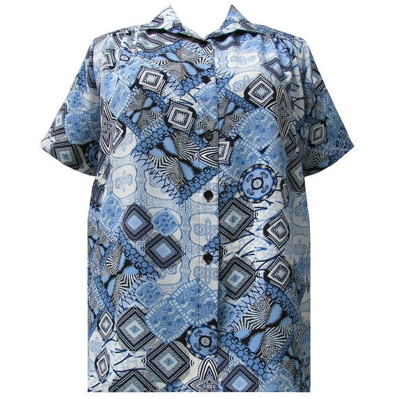 A Personal Touch Women's Plus Size Short Sleeve Button-Front Tunic with Shirring - Denim Tribal - 1x
