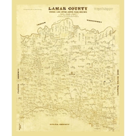 Historic County Map - Lamar County Texas - Lucas 1873 - Vintage Wall Art
