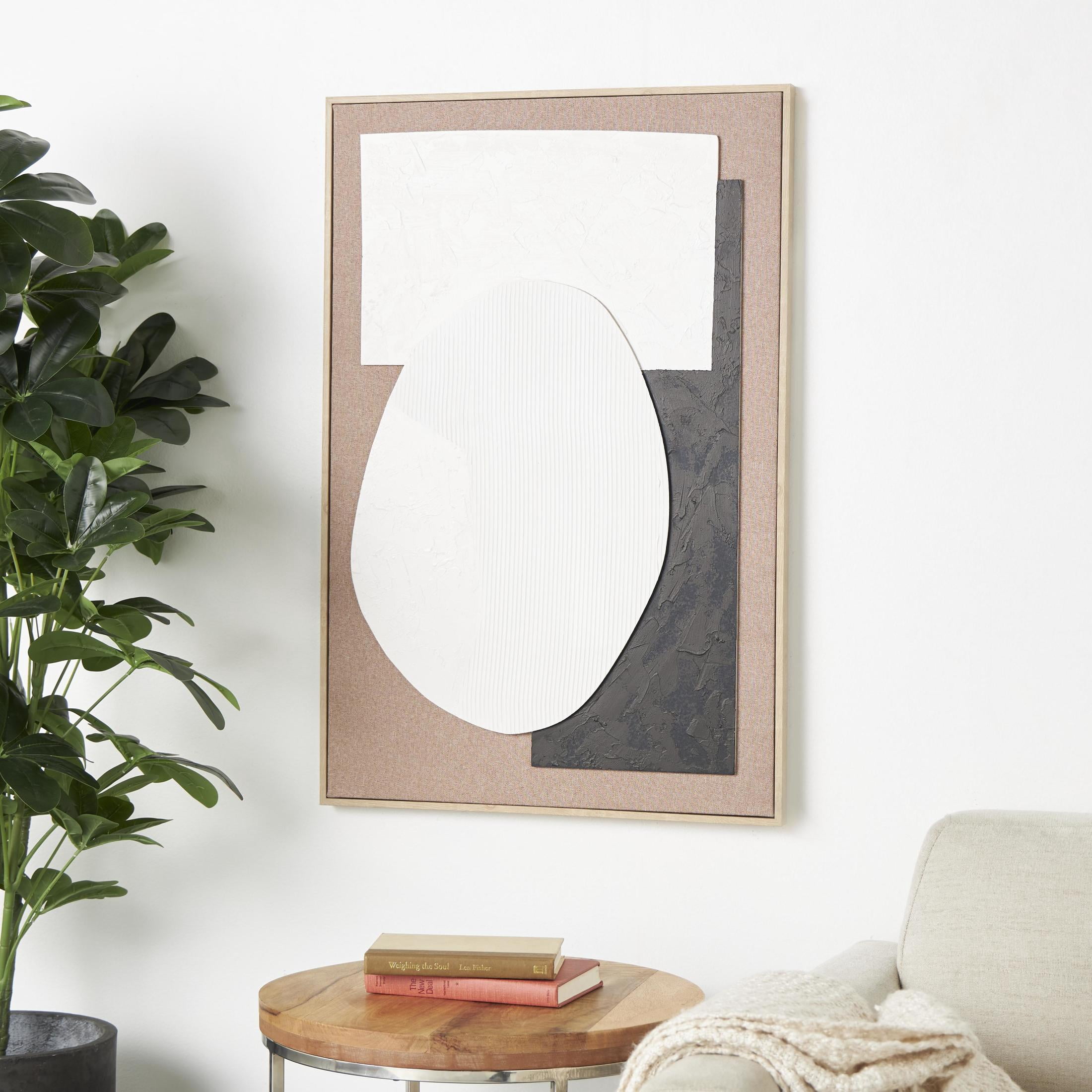 25" x 37" Textured Geometric Framed Wall Art with Abstract Black and White Shapes and Fabric Backing, by DecMode