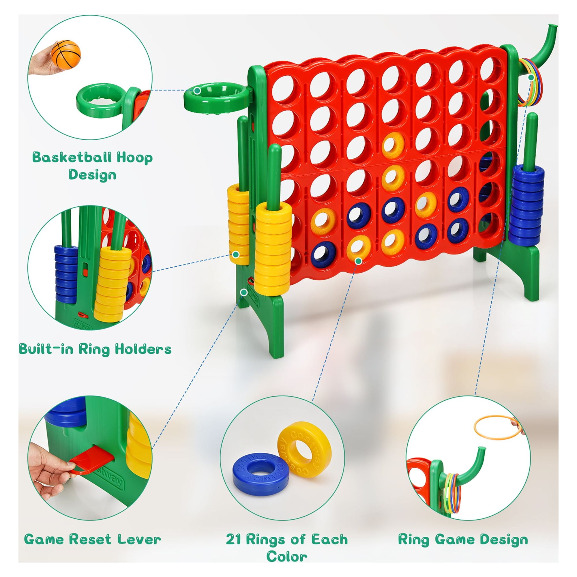 Costway 4-in-A Row Giant Game Set w/Basketball Hoop for Family Green