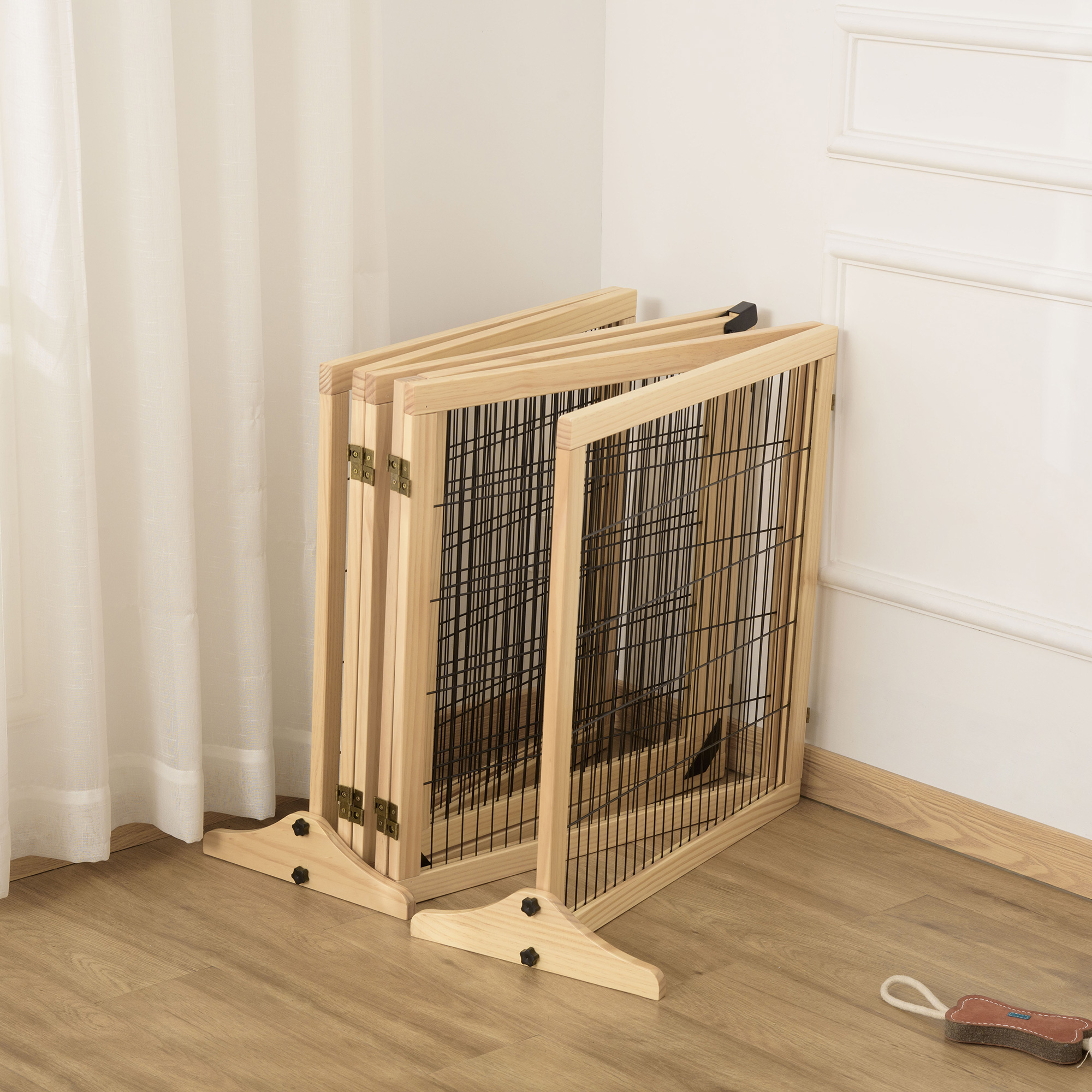 Pefilos 144" Wide Dog Gate with Door Walk Through, 32" Tall Freestanding Wire Pet Gate for The House, Doorway, Stairs, Pet Puppy Safety Fence, Support Feet Included, Brown