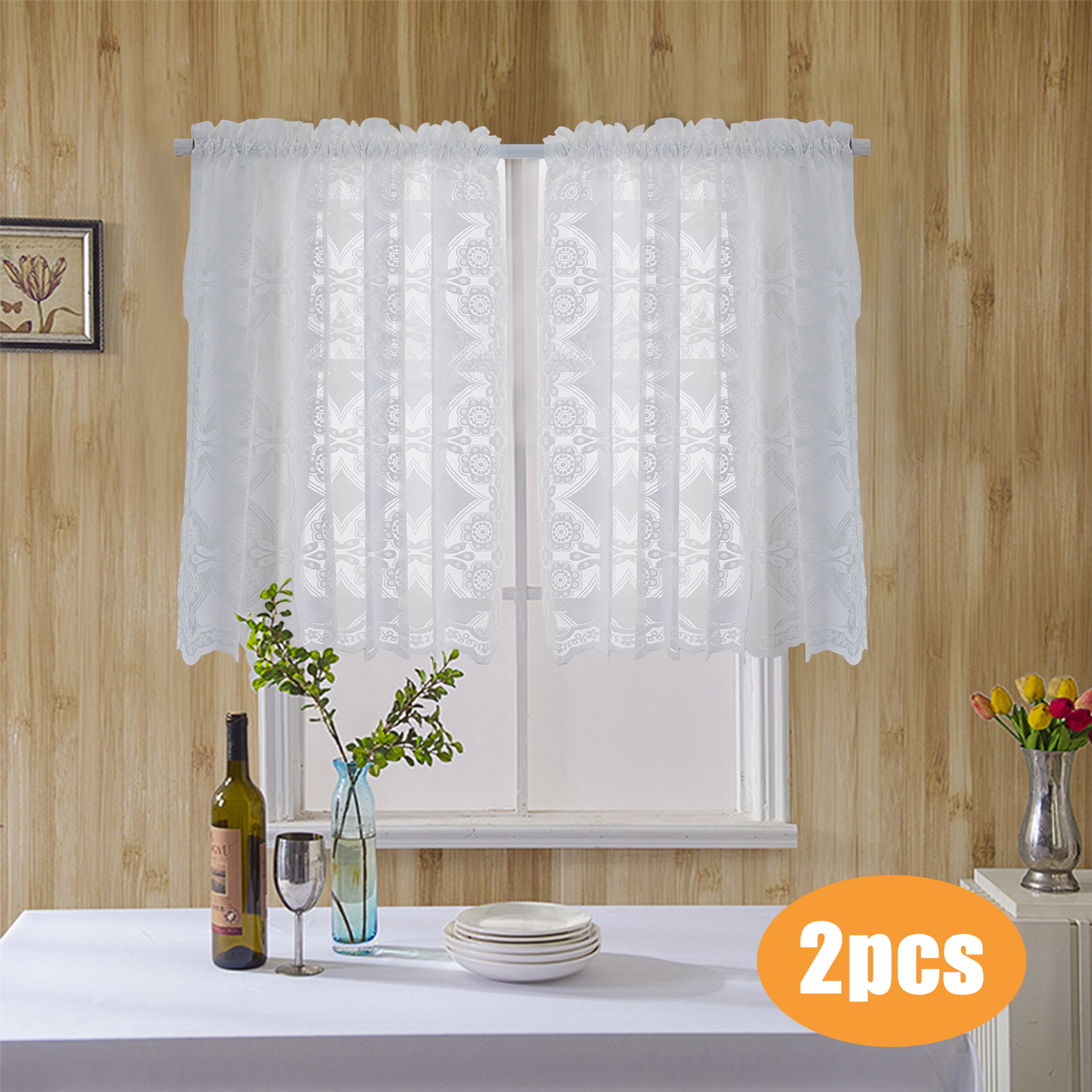 TSV 2 Tier White Lace Kitchen Curtain, Floral Lace Sheer Curtains