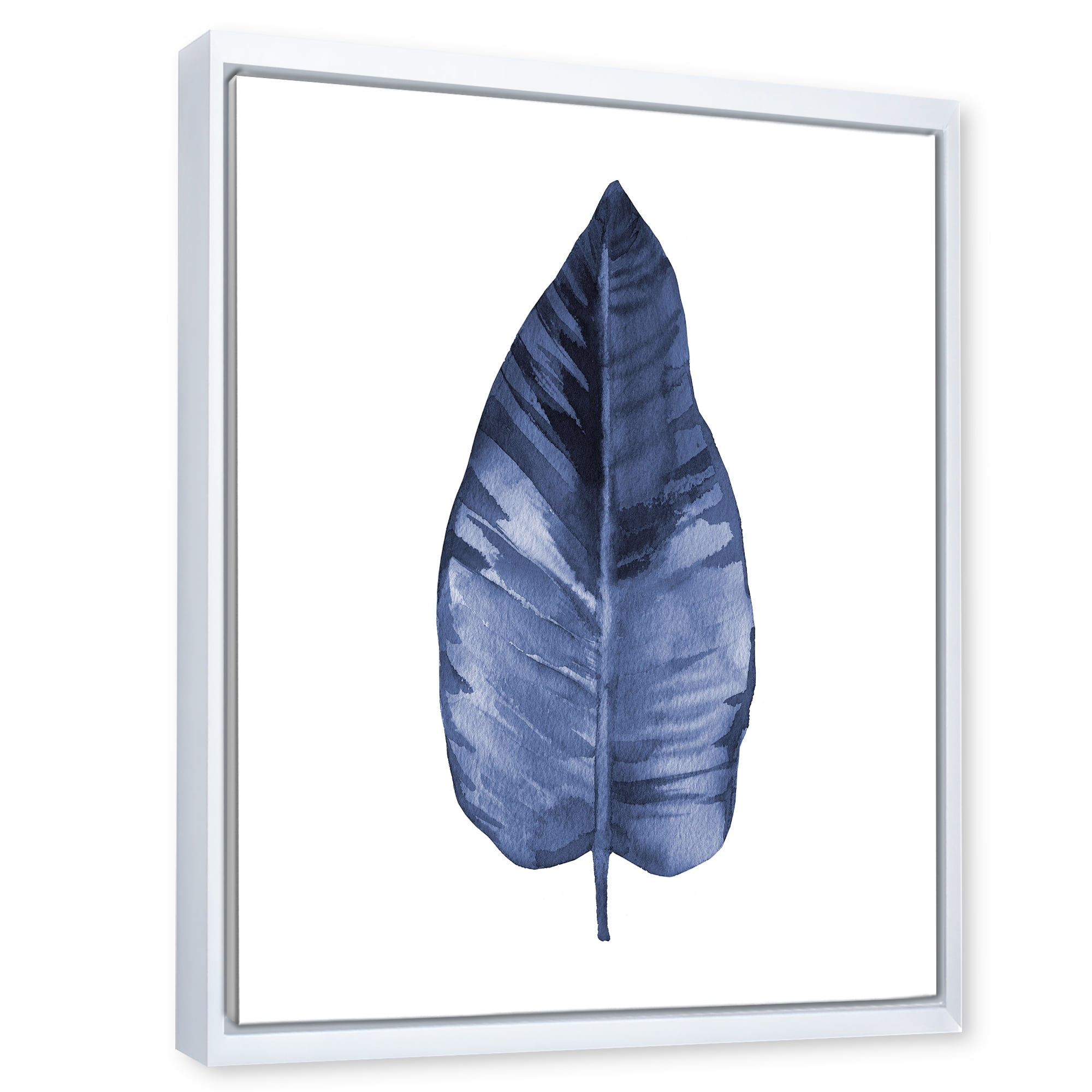 Designart 'Blue Leaf Watercolour On White Background' Traditional Framed Canvas Wall Art Print