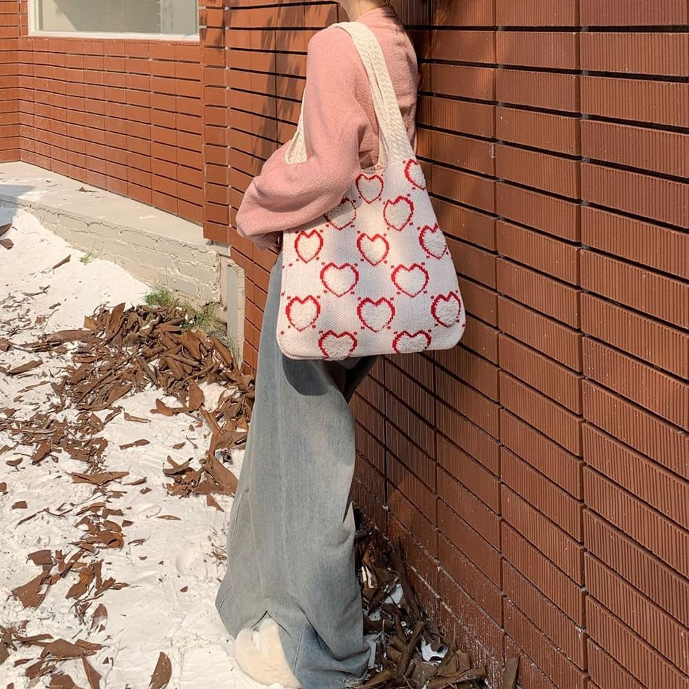 CAILDANL Crochet Tote Bag Cute Aesthetic Hobo Bag Hearts Pattern Knitted Shoulder Bag Hollow Beach Bag for Women