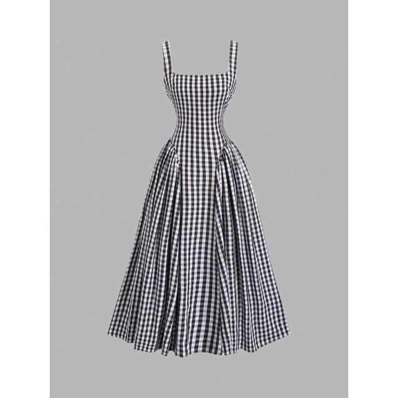 Black And White Gingham Square Neck Fit & Flare Midi Dress