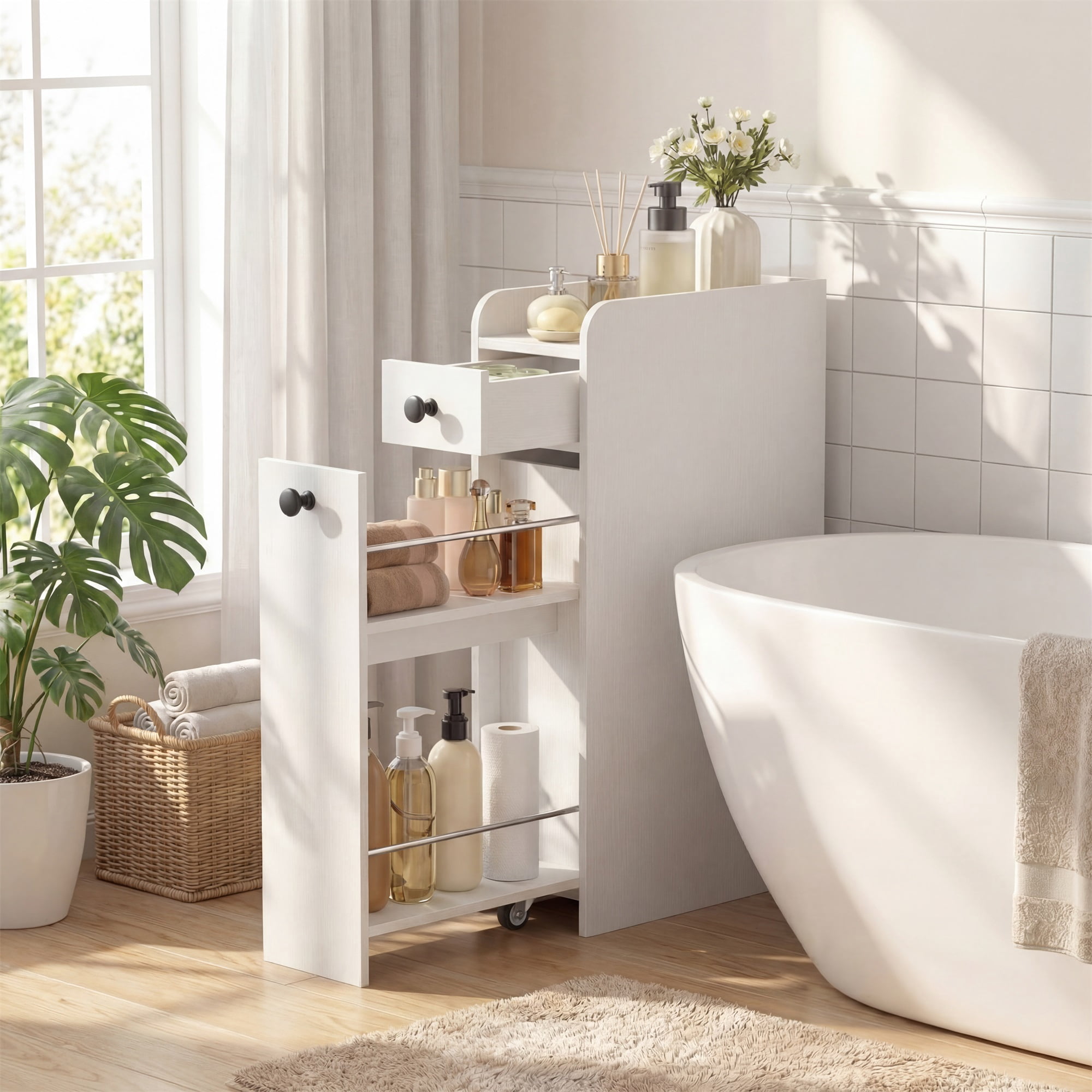 ELLEGNT Bathroom Storage Cabinet on Rolling Wheels – Slim Design, Slide-Out Drawer, Spacious Top, White