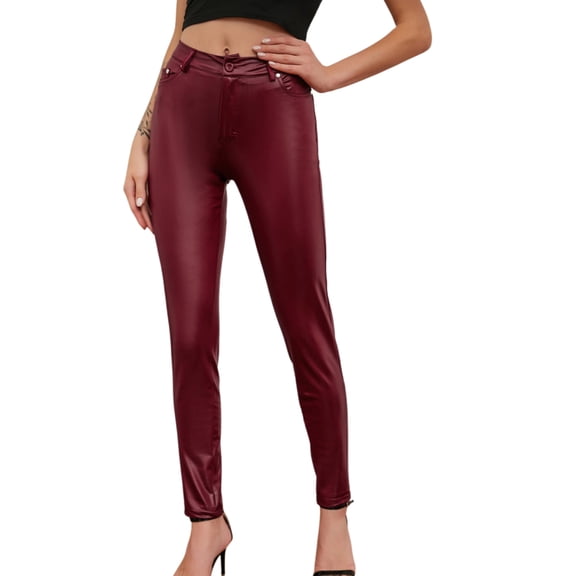 Clearance under $5.00 GaThRRgYP Denim Pants for Women,Womens Straight Leg Jeans,Fashion Women Solid Casual Pockets Button High Waist Faux Leather Long Pants