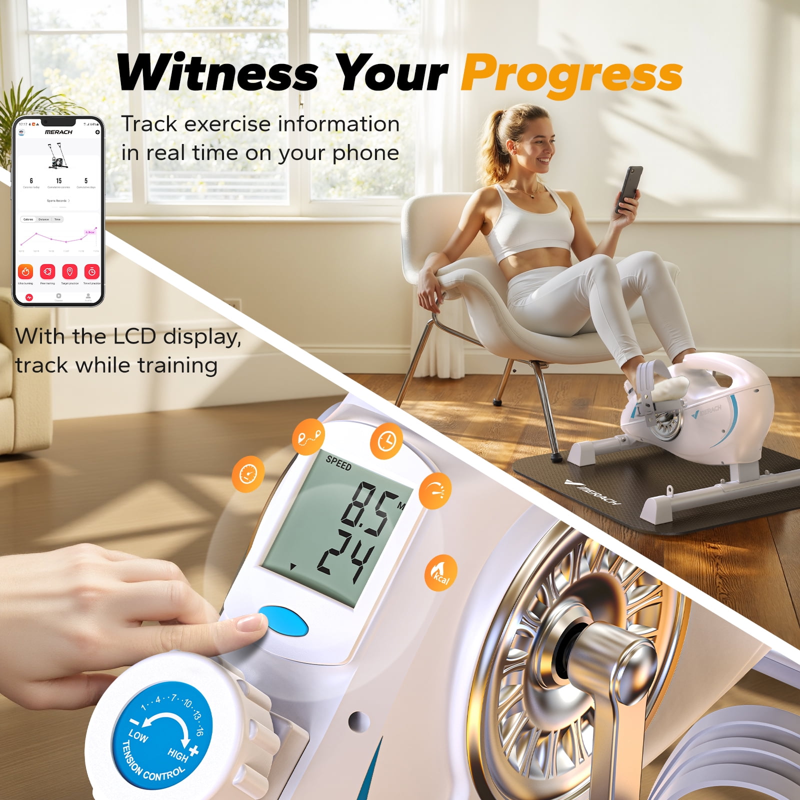 MERACH Under Desk Bike Pedal Exerciser Indoor Silent Elliptical Machine for Legs and Arms Mini Foot Pedal Exercise Bike with Free App,Non-Slip Mat,2 Resistance Bands