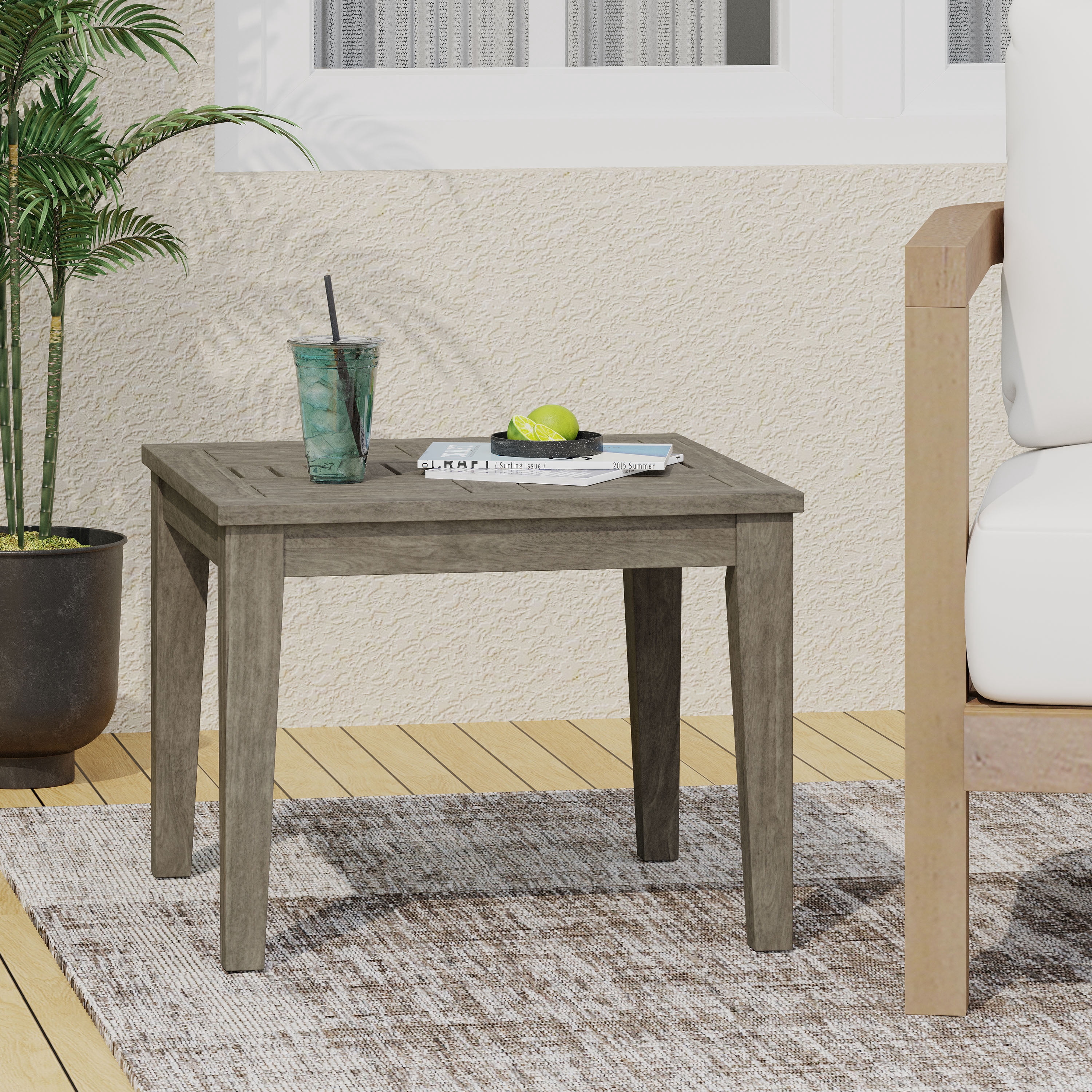 Outdoor Compact Side Table, Solid Acacia Wood Small Accent Table for Patio Garden, Light Gray