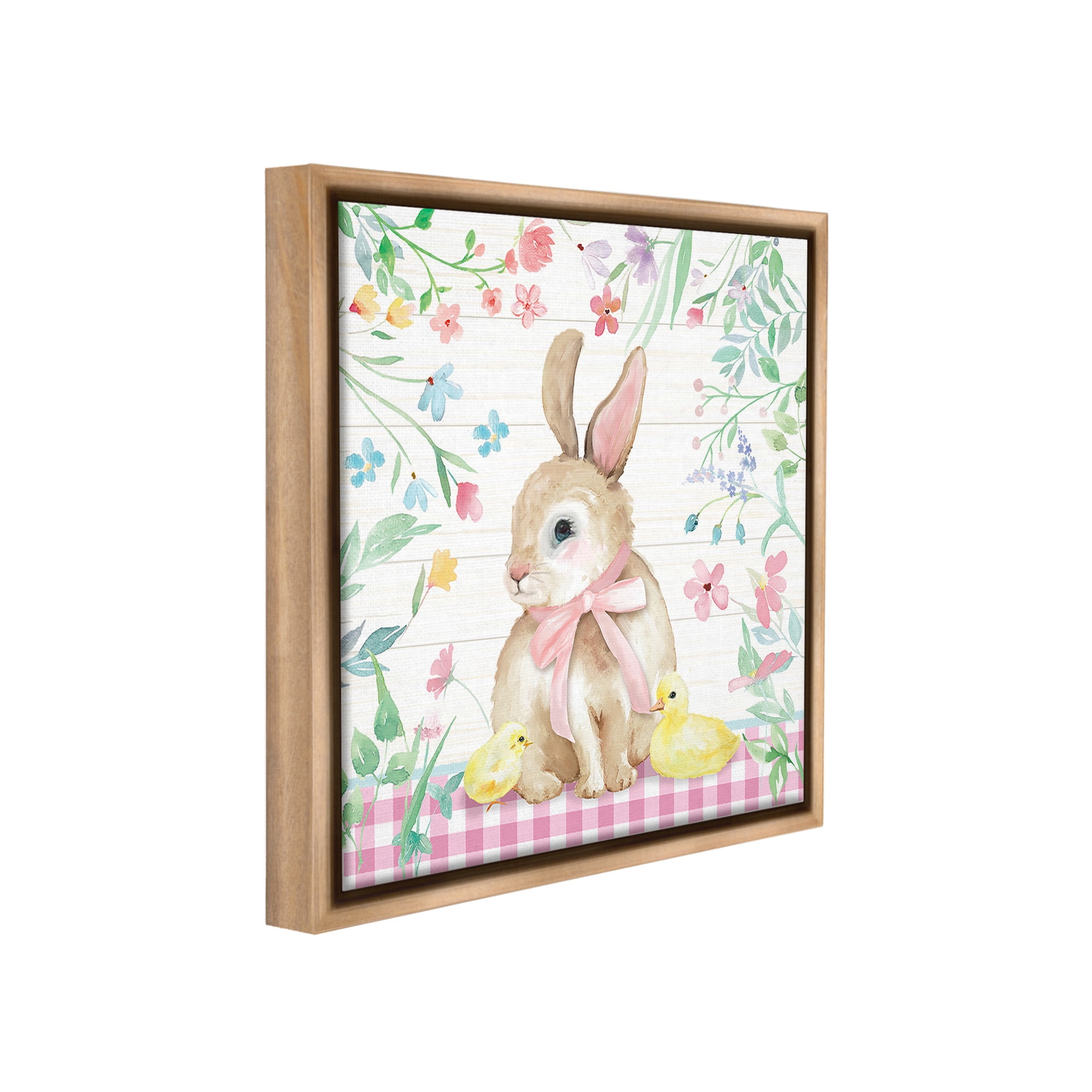Stupell Industries Easter Bunny & Chicks Holiday Painting Brown Floater Framed Canvas Art Print Wall Art, 18 x 18