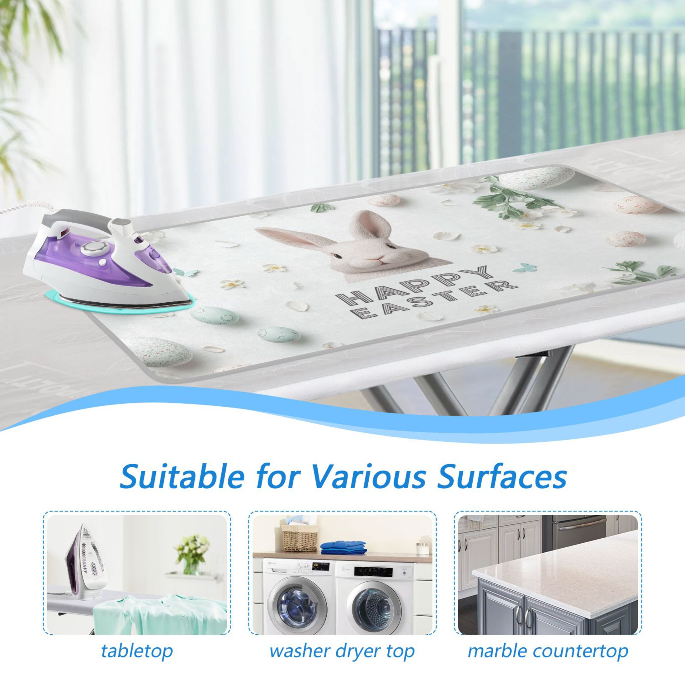 Rabbit Face Eggs Happy Easter Ironing Mat Blanket Portable Travel Ironing Pad Heat Resistant Pad 47.2" x 27.6”