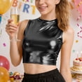thumbnail image 4 of Pantalones de Cuero de Cintura Alta para las Mujeres con Textura Patente Brillante, Top de Club Nocturno de las Mujeres, Tops sin Mangas de Cuello Alto para las Mujeres en Estilo Metálico, 4 of 8