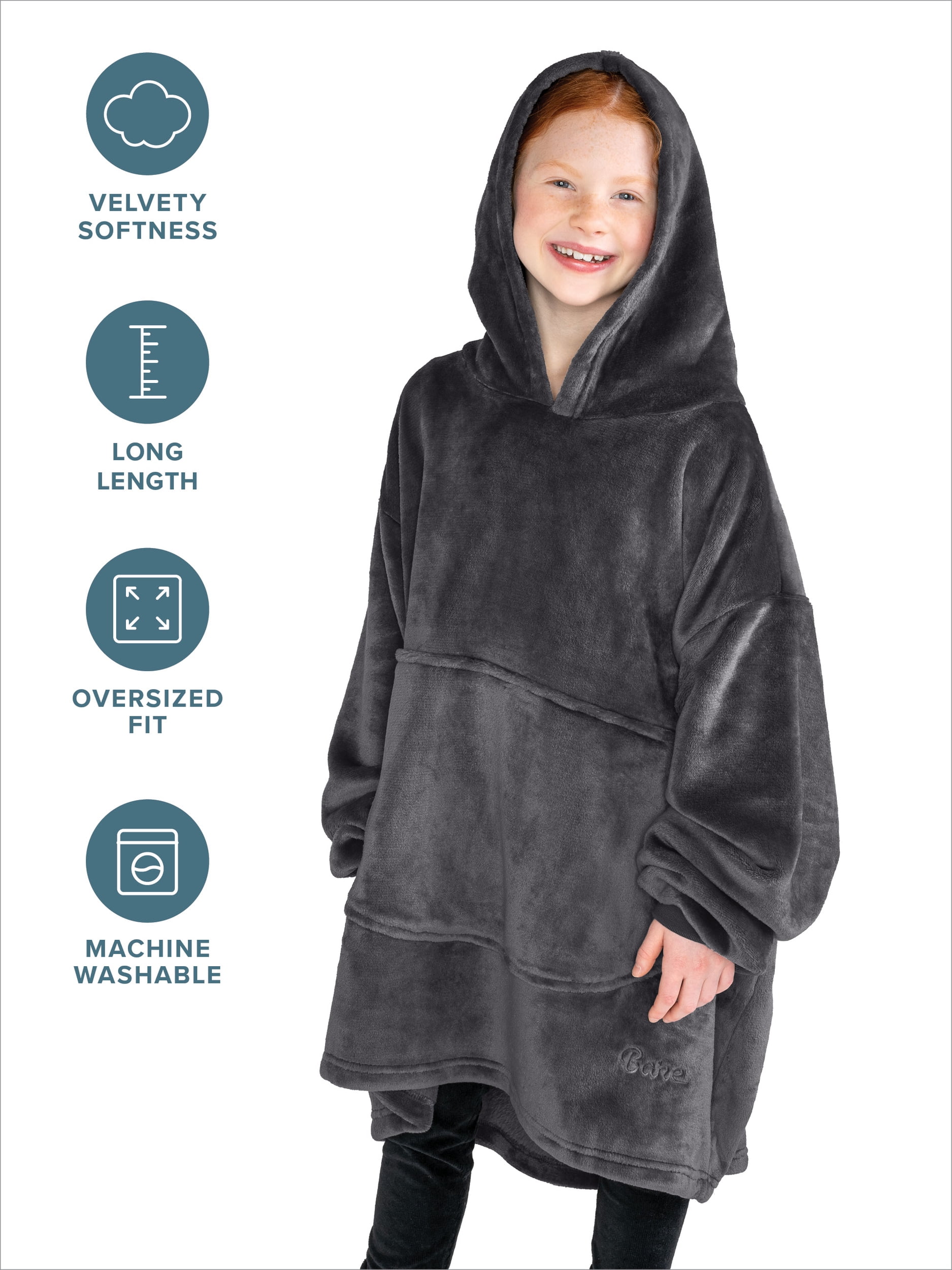 Bare Homey Kids Size Microplush Wearable Blanket, Round Trapezoid Pocket, Forged Iron Gray