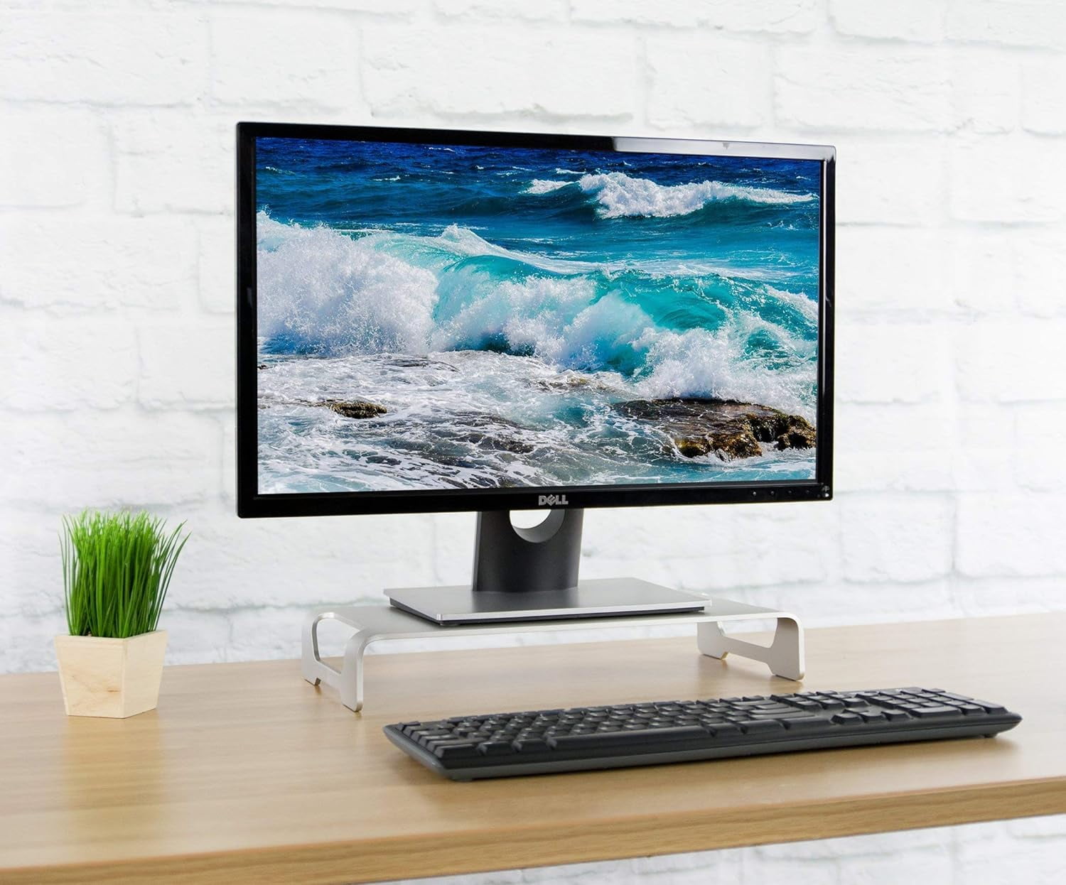 Silver Aluminum 16 inch Wide Monitor Riser, Ergonomic Desktop Stand, Modern Tabletop Organizer