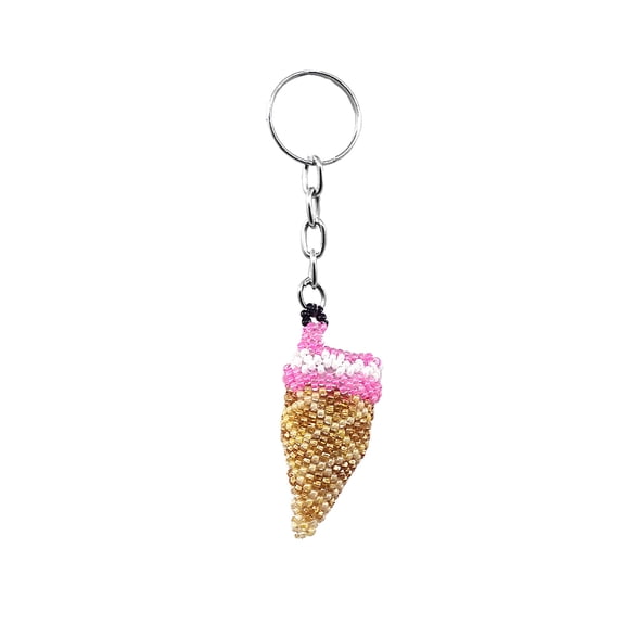 Ice Cream Cone Czech Glass Seed Bead 3D Figurine Keychain Metal Ring - Handmade Gifts Boho Car Keys Bag Food Accessories