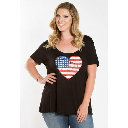 Sealed With A Kiss Designs Womens Plus Size Scoop Neck Short Sleeve American Heart Graphic