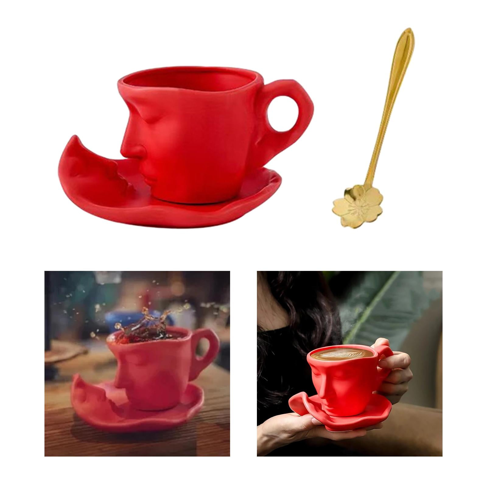 Nishiyuenyi 3D Human Face Kissing Mug with Spoons and Human Face Coaster Espresso Mugs 260ml Red
