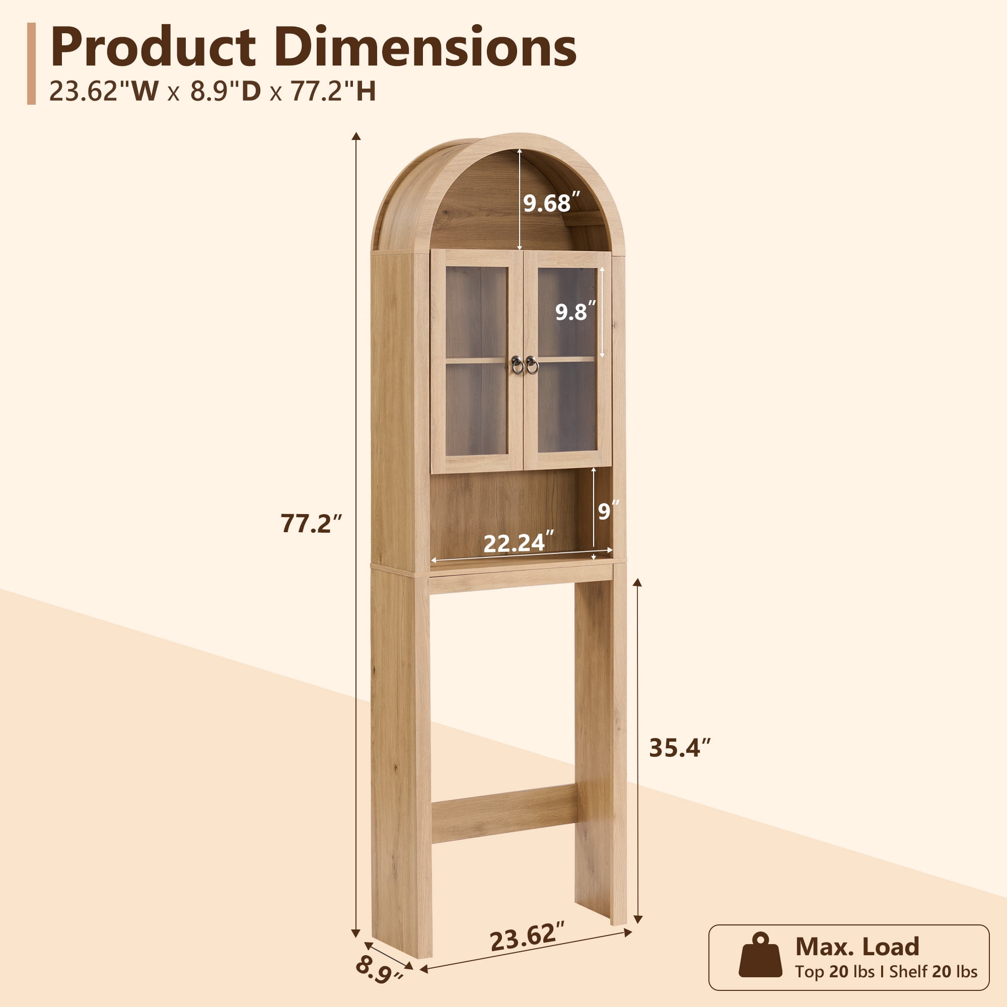 SinCiDo Arched Over The Toilet Storage Cabinet, Modern Bathroom Shelf Over Toilet with Acrylic Doors, Wooden Bathroom Space Saver Organizer above Toilet with Adjustable Shelf
