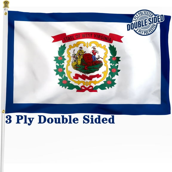 West Virginia State Flag 3x5 ft, Heavy Duty 3 Ply Durable Polyester, WV Flag with Vibrant Print/4 Rows Hemming/Brass Grommets