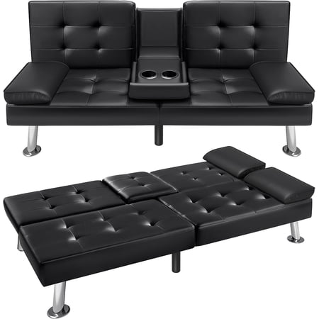 VICTONE Futon Sofa Bed Modern Faux Leather Couch Bed Convertible Folding Recliner for Living Room with 2 Cup Holders and Armrest (Black)