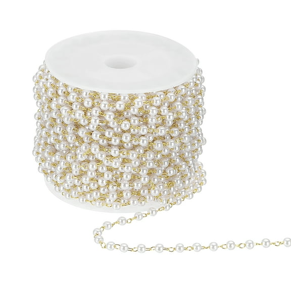 Uxcell 33 Feet Pearl Beaded Chains Roll, 3mm Faux Pearls Beads Garland String Bulk with Spool for Jewelry Making DIY Craft, Light Gold