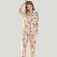 thumbnail image 4 of Women's Floral Print Satin Pajama Set Long Sleeve Button-Up Top with Contrast Piping and Matching Lounge Pants - Small, Beige, 4 of 7