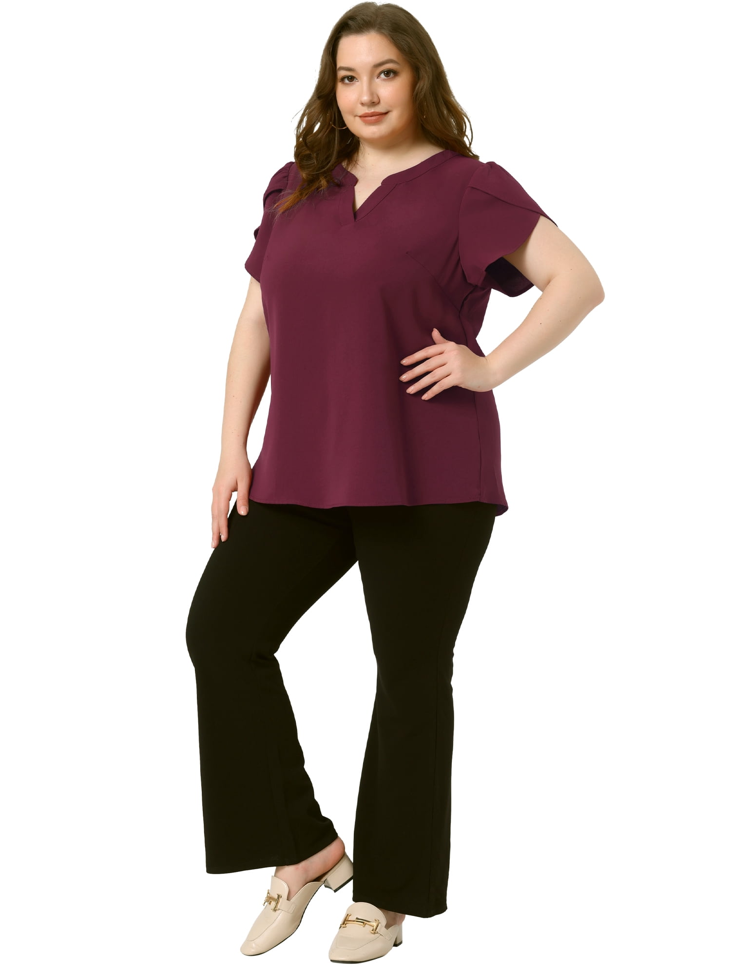 Women's Plus Blouses Notched V Neck Short Petal Sleeve Shirts Casual Dressy Tops 4X Burgundy