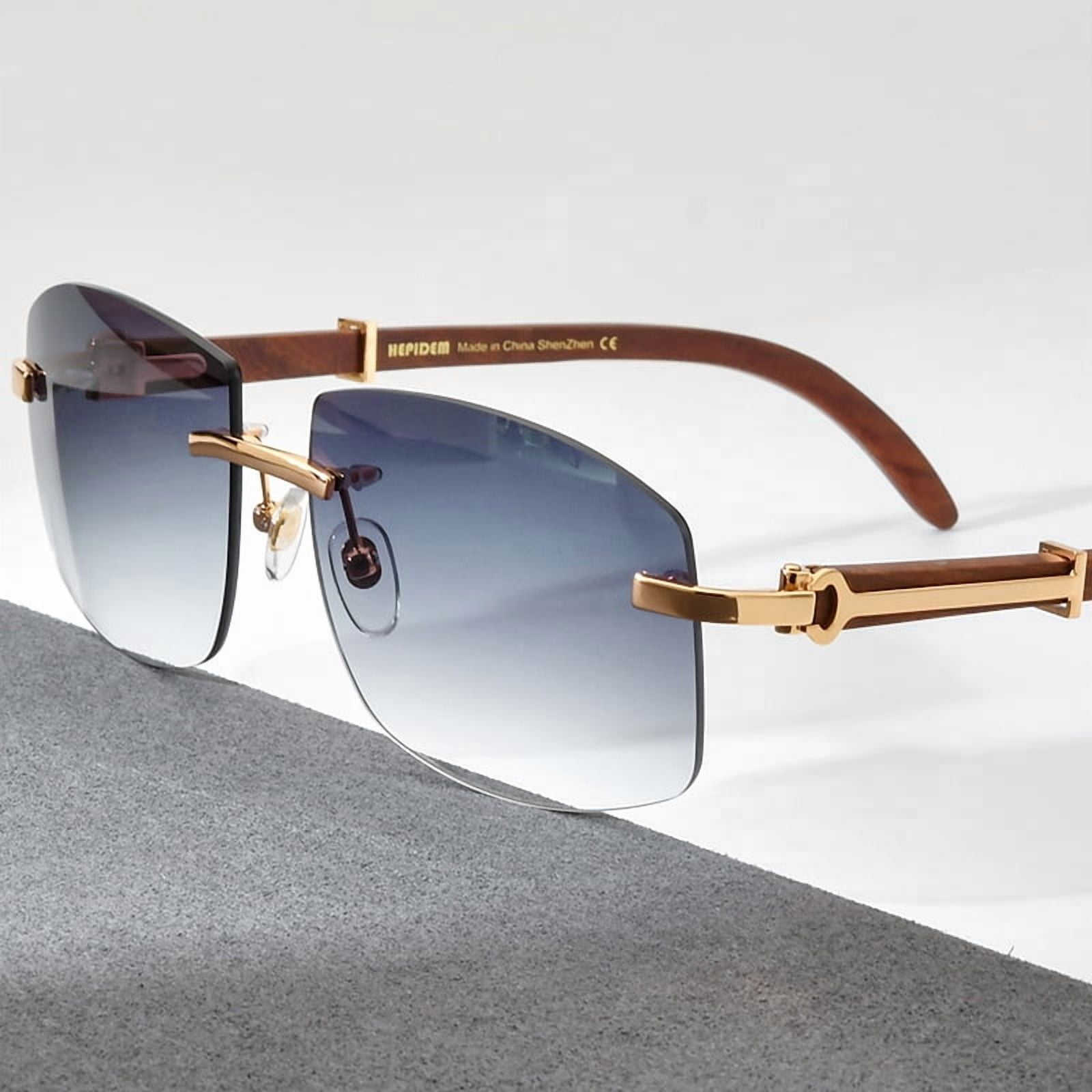 HEPIDEM Wood  Sunglasses for Men Rimless Square Wood Sun Glasses (50259 Wood Gray)