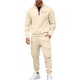 thumbnail image 2 of Men's Winter 2-Piece Set, Quarter-Zip Stand Collar Fleece Sweatshirt with Multi Pockets and Cargo Jogger Pants, Casual Workwear For Cold Weather,Beige,L, 2 of 8