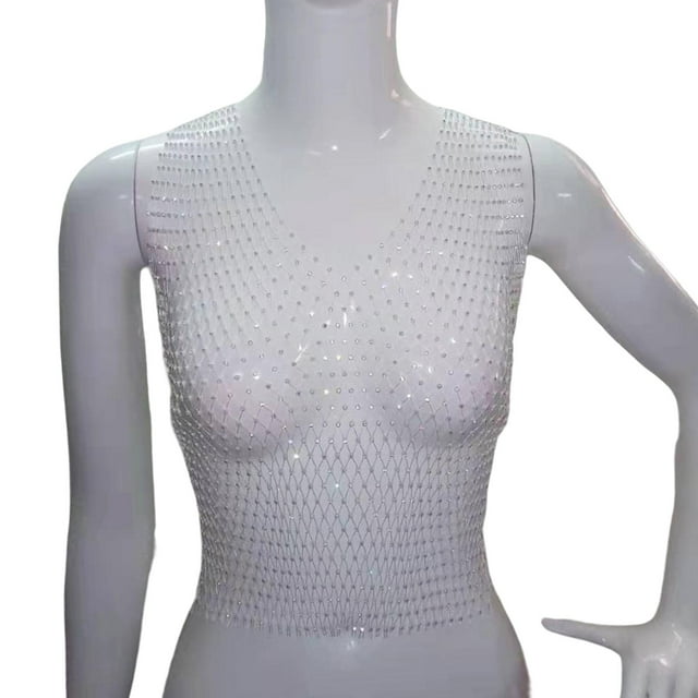Crop Tops de malla Clubwear Outfits Camisole Bikini Tank Top para Cosplay Festival cuello en V blanco Salvador Top corto de malla