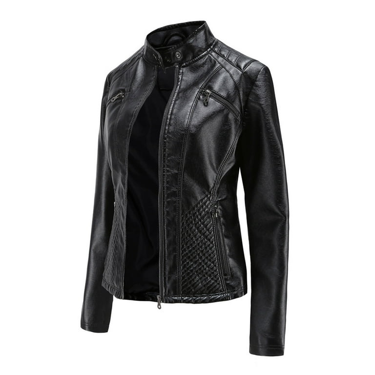 Women's Zip Up Stand Collar Faux Leather Jacket Fitted Slim Women's Zip Up Stand Collar Faux Leather Jacket Fitted Slim